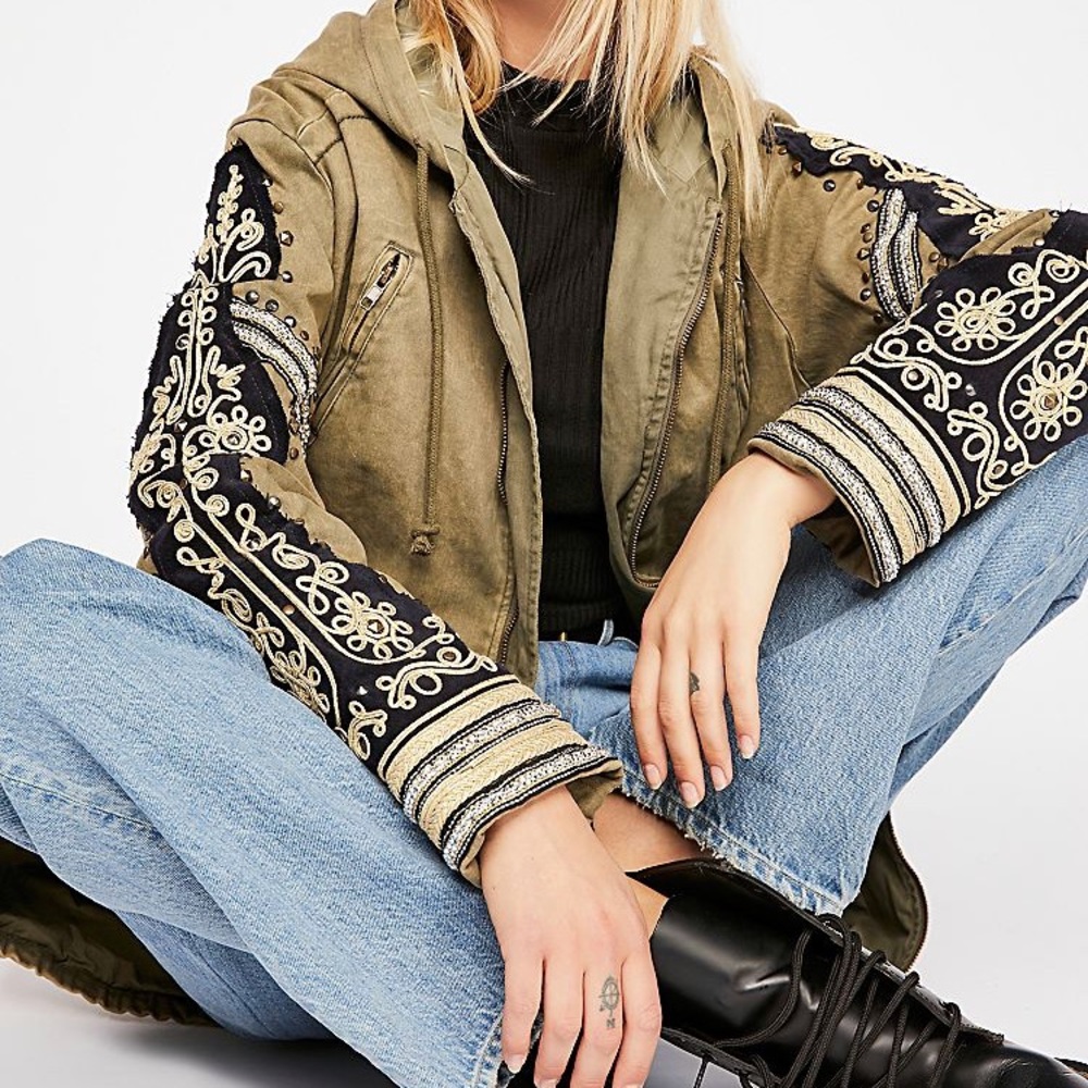 Free People Golden Quills Military Olive Jacket